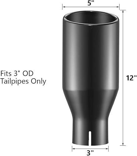 Miniatura 3 de A-KARCK Puntas de escape cromadas negras Entrada de 3", Entrada de 3" Salida de 5" Longitud de 12" Abrazadera universal que nunca se desvanece Punta