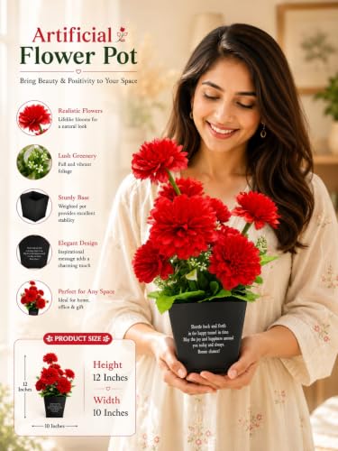 Image of Artificial Red Dahlia Flower Pot with Black Pot, 12x10 Inch