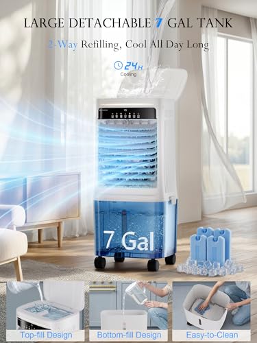 Image of Uthfy 3000CFM Swamp Cooler Air Conditioner, Evaporative Cooler with Dual Water Tanks for 30H Cooling, 120 Oscillating, Ambient Light, 7.0 GAL Detachable Water Tank, 12H Timer, Portable AC for Bedroom