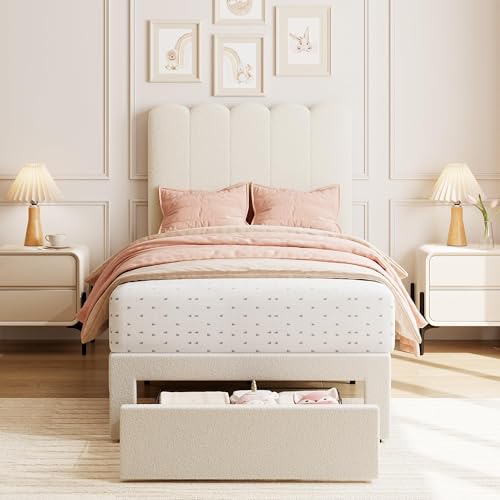 GarveeHome Twin Bed Frame with Under-Bed Drawer, Upholstered Platform Bed with Wave Headboard for Kids/Girls, Wooden Slats Support, No Box Spring Needed, Boucle Beige