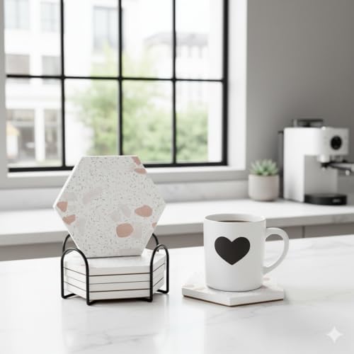 Image of The Better Home Coaster Set of 6 Diatomite Table Decor Accessories | Cups Mugs Glasses | Home Office Coaster Holder Hexagonal Design | Absorbent Pack