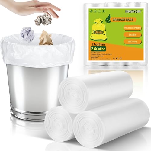 2.6 Gallon Mini Clear Trash Bag - Small Garbage Bags For Bathroom Can 105 Count 10 Liter Plastic Unscented Tiny Waste Basket Little Liners Kitchen Office Car Strong Thick Bulk Inwaysin