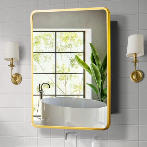 Image of Movo Mirror Medicine Cabinet 20 Inch x 28 Inch Gold Metal Framed Bathroom Medicine Cabinet with Mirror Rectangle Recess or Surface Mount Installation