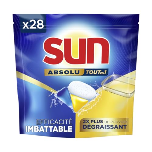 Sun Pastilles Lave-Vaisselle Absolu Tout-en-1 Dégraissant - 28 capsules - tablettes imbattables sur les taches tenaces - 2x plus efficace