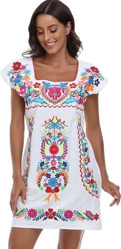Image of YZXDORWJ Women Mexican Embroidered Dress Ruffle Collar Sleeveless