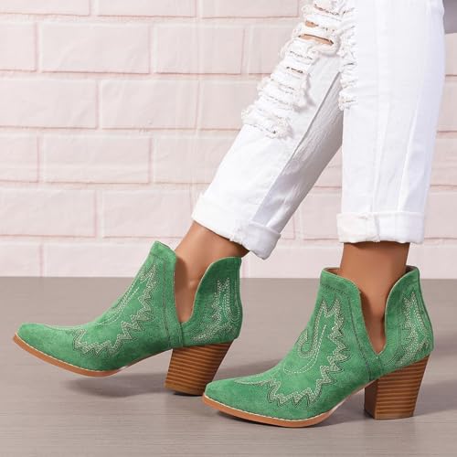 Image of SelRoys Cowboy Boots for Women Cowgirl Ankle Western Embroidered Stitched Pointed Toe Cutout Chunky Heels Short Booties Red Brown Black US5-11