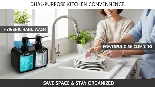Image of 4-in-1 Kitchen Sink Soap Dispenser Set - Dual Pump for Hand & Dish Soap, Sponge & Brush Holder, Refillable Sink Organizer (Black)
