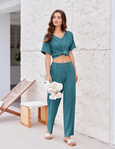 Image of Ekouaer Pajamas for Women Set 2 Piece Short Sleeve Tops with Long Pants V Neck Soft Pjs Casual Lounge Set with Pockets