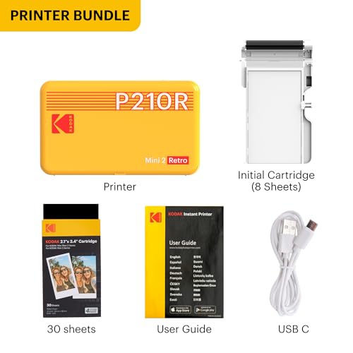 Kodak Mini 2 Retro 4PASS Portable Photo Printer, 2.1x3.4 inches, 38 Sheets Bundle, White