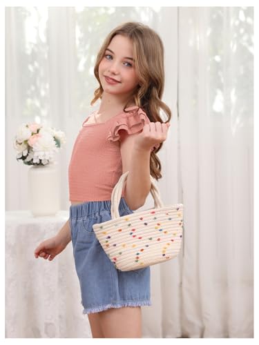 Image of OYOANGLE Girl's Casual Solid Ruffle Trim Cap Sleeve Square Neck Cute Crop Tank Tops T-Shirts