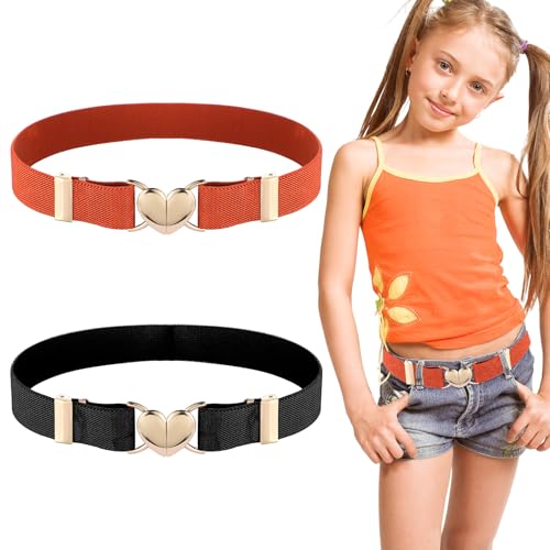 DIVINA VITAE 2 Stück Gürtel Kinder Mädchen Herzform Kindergürtel Elastische Kinder Gürtel für Kleider Jeans Hose Uniform (Schwarz, Braun)