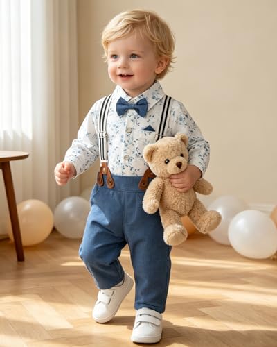 Image of SALNIER Baby Boy Suit Set Infant Formal Outfit Tuxedo | Soft Cotton Shirt Suspenders Pants Bow Tie Beret Hat 5pcs Set, For Wedding Baptism Birthday Party