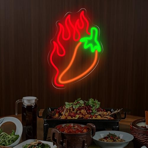 Image of Chili LED Neon Light Sign Spicy Food Restaurant Wall Art Decor, LED Wall Neon Sign Light For Beach Pub Fishing Club Sea Food Restaurant Shop Store Party Room Kitchen Decoration, 15.7 inchx10.8 inch