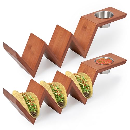 2 Lb. Depot Taco Holder Set of 2 - Durable Bamboo with Walnut Stain Finish - Includes Stainless Steel Bowls - Keeps Tacos Upright and Tidy - Perfect for Parties and Social Media