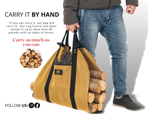 Log Carrier For Firewood Bag - 20Oz Waxed Canvas Wood Carriers With Handles For Fire Logs Storage- Fireplace And Campfire Accessories - Durable Waterproof Heavy-Duty Canvas Bag Carrier #TOP4
