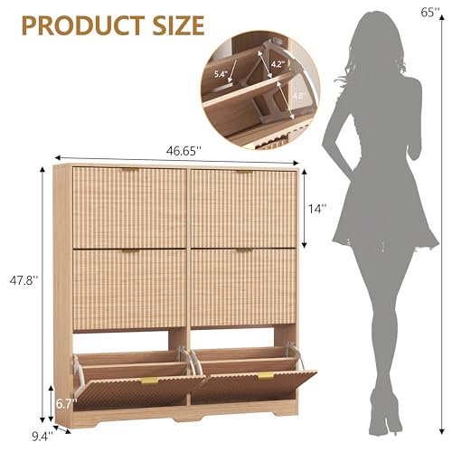 Image of HUANLEGO Shoe Cabinet Storage for Entryway with 6 Flip Drawers, Oak Fluted Shoe Cabinet with Adjustable Shelves, Wooden Hidden Shoe Rack Freestanding Narrow Slim Shoes Storage for Hallway, Entrance
