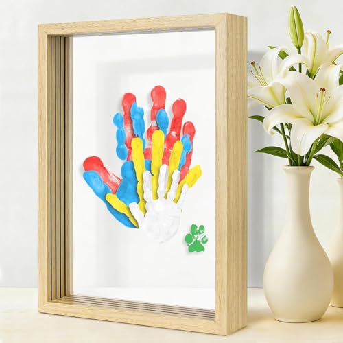 Family Handprint & Hand Casting Kit – DIY Craft Keepsake with Wooden Frame, Non-Toxic Paints, Baby Footprin Kit – Perfect Gifts for Grandparents, New Parents & Families (Warm Oak)