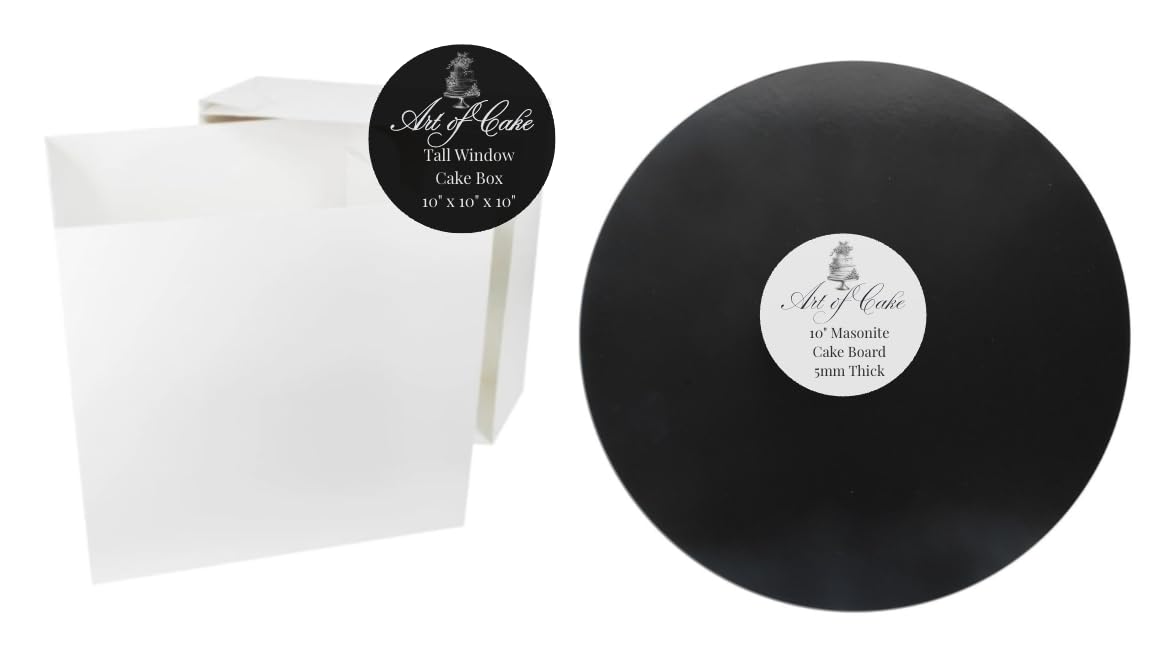 Art of cake® 10" Glossy Black Masonite Cake Board (5mm Thick) and White Tall Cake Box (10" x 10" x 10") (3)