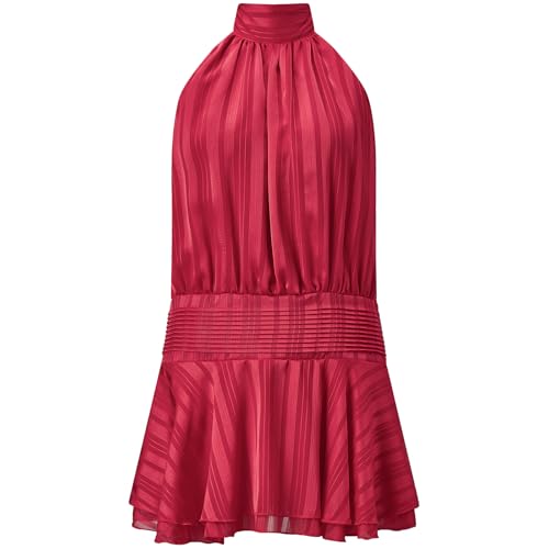 Image of Women's 2026 Summer Halter Dress Sleeveless Open Back Ruffle Tiered Layered Chiffon Pleated A Line Swing Mini Dress