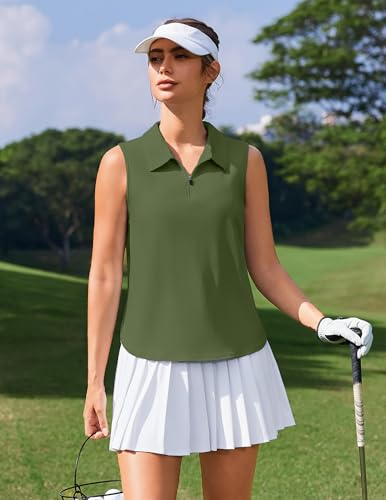 Image of PINSPARK Women Golf Shirts Sleeveless UPF 50+ Tennis Polo V-Neck Quick Dry Athletic T Shirt 1 /4 Zip Collar Workout Tank Top