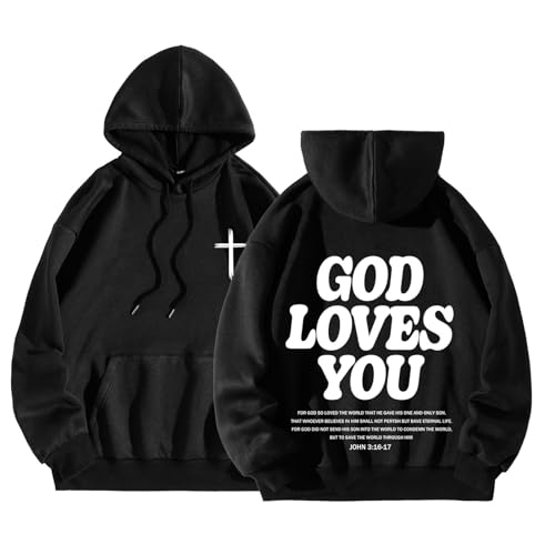 Christian Hoodie for Men God Loves You Letter Print Crewneck Causal Sweatshirt with Pocket Fall Drawstring Aesthetic Hoodies3