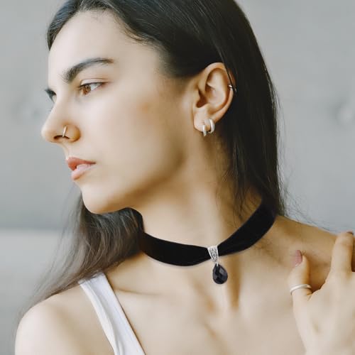 Telooco Schwarz Samt Trachtenkette Damen Halskette mit Anhänger Kropfband Breit Tropfen Choker Verstellbarer 90er Jahre Halsband für Feiertagsparty Cosplay Halloween