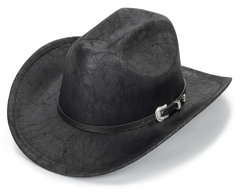 Image of Western-Cowboy-Hats for Women Men - Classic Wide Brim Felt Fedora Unisex Upturn Bull Head Cowgirl Caps with Buckle Belt