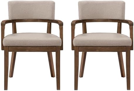 Christopher Knight Home Jarvan Boucle Upholstered Dining Chairs Set of 2, Mid Century Modern Kitchen Chair with Open Backrest and U-Shape Armrest, Wooden Living Room Chairs Set of 2, Khaki + Walnut - Thumbnail 5