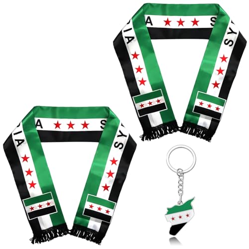 Meanju 2 Stück Syrisch-arabischer Flaggenschal mit Syrien Karte Flagge Anhänger Schlüsselanhänger 135 x 14 cm Doppelseitiger Syrischer Schal Syrische Schal für Männer Frauen Urlaub Hochzeit Geschenk