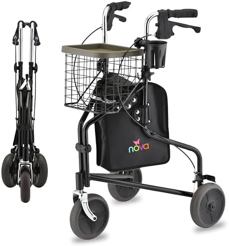 NOVA Traveler Folding 3-Wheel Walker with Tray, Basket, Pouch & C...