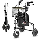 NOVA 3 Wheel Rollator Walker – All Terrain Folding Walker for Seniors, Lightweight Mobility Aid with Bag, Basket & Tray – Adult Rolling Walker with Wheels, Black