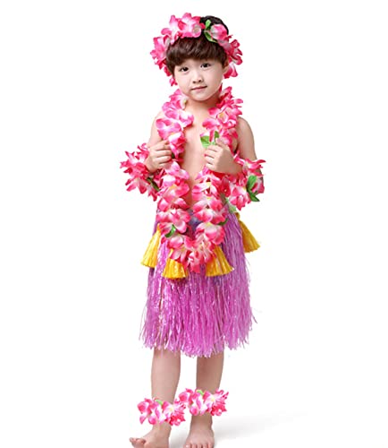 Mistari Hula Grass Skirt With Flower Leis Hawaiian Costumes For Luau Party Performance Costume Set For Kids, 1 Set 40Cm (General Style Pink) #TOP1