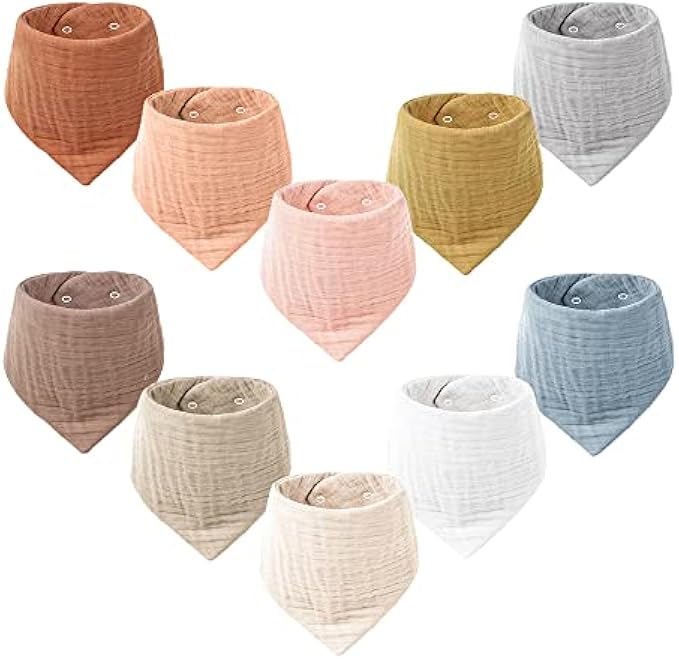 Konssy Muslin Baby Bibs 10 Pack Baby Bandana Drool Bibs 100% Cotton for Unisex Boys Girls,10 Solid Colors Set for Teething Drooling