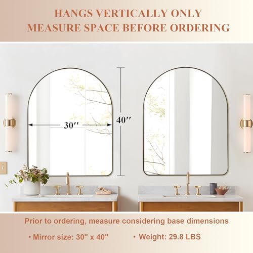 Image of 30x40 Inch Gold Bathroom Mirror, Arch Top Design Stainless Steel Mteal Frame, Brass Arch Mirrors for Wall Ideal for Bathroom, Entry, Living Room