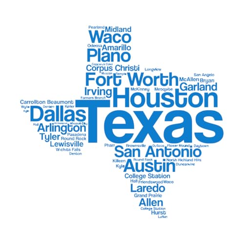 Vinyl Art Sticker mapa do Texas nuvem de palavras EUA. EUA Austin Houston Dallas 36 x 38 cm impermeável S-azul