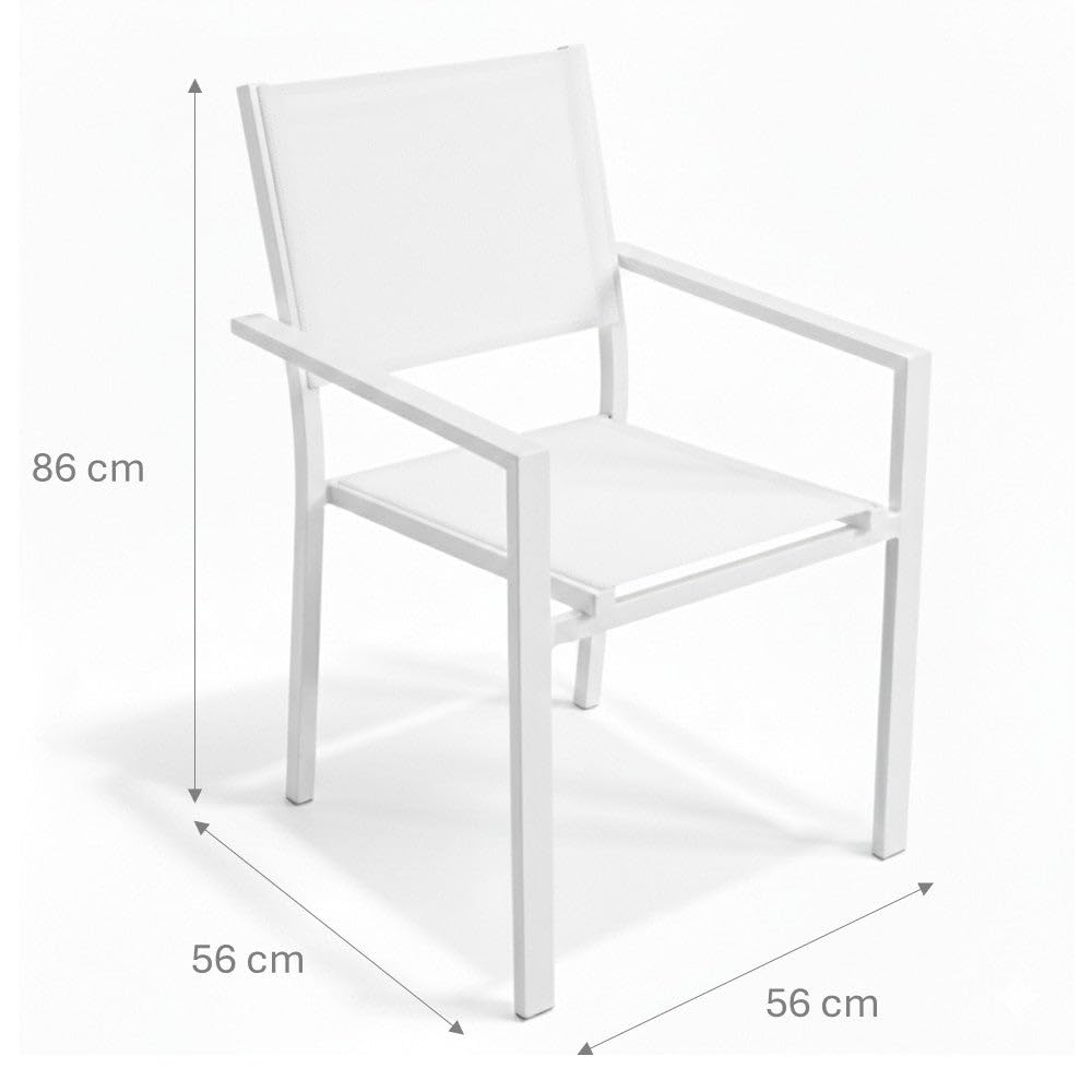 MONTY Set de 2 Sillas Thais de Aluminio Blanco y Textileno Blanco, Elegantes, Apilables, Ligeras y Resistentes, Tratamiento anticorrosión para Exteriores, de 56x56x86 cm