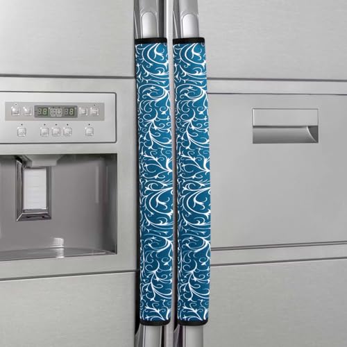 Fridge Door Handle Covers, Kitchen and Bathroom Appliance Door Handle Protectors. Thick and Non-Slip, Stain-Resistant, with Delicate Patterns and Washable (Blue and White 2 Pieces).