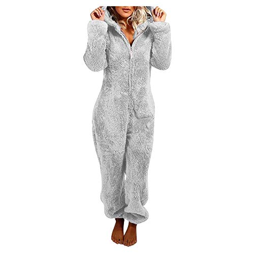 Updayday Womens Winter Warm Sherpa Strampler Fleece Onesie Pyjama, One Piece Zipper Hooded Jumpsuit Nachtwäsche Playsuit mit niedlichen Katzenohren Cover