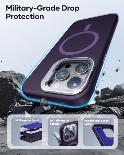 Image of Vihibii for iPhone 15 Pro Max Case, [Compatible with MagSafe], Built-in Transparent Lens Cover & Camera Stand, Full-Body Shockproof Soft Silicone Rubber Phone Cover with Microfiber Lining, Purple