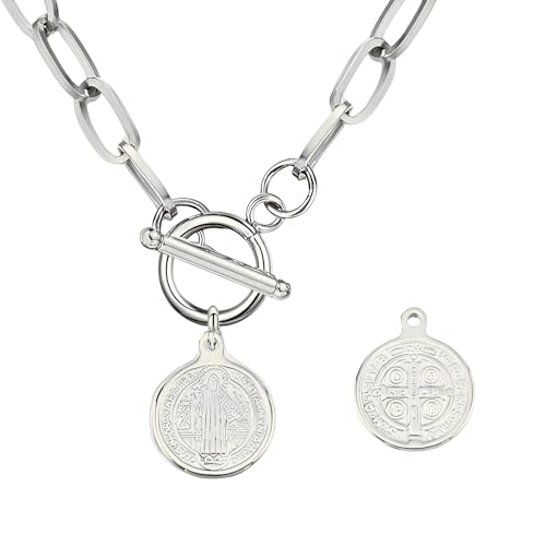 925 Sterling Silver Toggle Necklaces Women Men, 14k Yellow Gold Unisex Thick Chain Toggle Necklace - Saint St Benedict Coin Toggle Charm, OT Buckle Toggle Clasp For Christmas Birthday Gifts