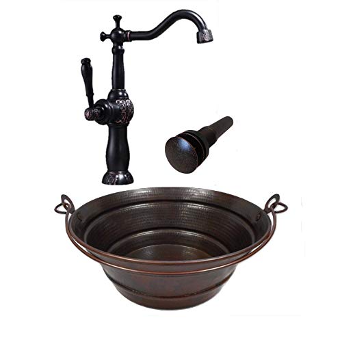 SimplyCopper 15" Round Vintage Look Copper Bucket Vessel Sink with Pop Up Drain and 13" ORB Clayborne Vessel Filler Faucet
