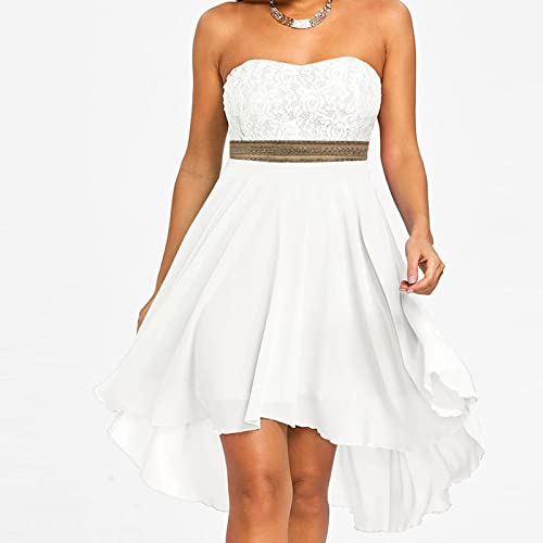 Foviguo Womens Sexy Bohemian Strapless Off Shoulder Lace Trim Dress A Line High Low Flowy Bridesmaid Dresses White, X-Large #TOP1