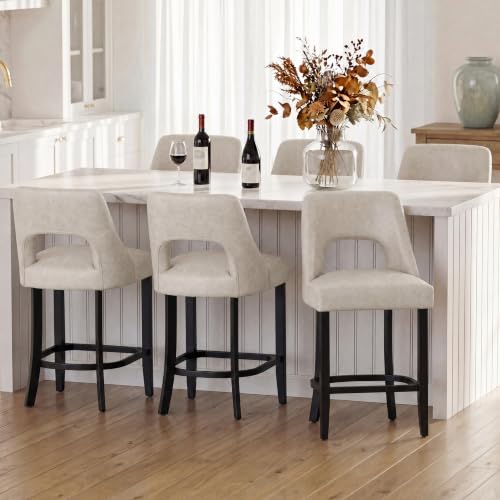 Image of UVV Bar Stools Set of 6, Modern Upholstered Counter Height Bar Stools, Faux Leather Counter Stools BarStools with Wood Legs for Kitchen Island Dining Room Bar, Beige