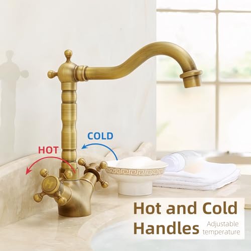 KOPYFANTAP Robinet de Lavabo en Laiton Antique, Robinet Cuisine Laiton Rétro à Double Poignée, Rotatif à 360° Mitigeur en Bronze de Salle de Bain Chaud et Froid – Image 6
