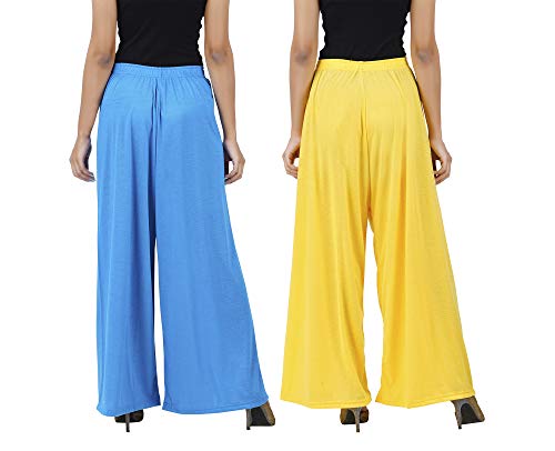 Image of Buy That Trendz M to 4XL Cotton Viscose Loose Fit Flared Wide Leg Palazzo Cotton for Pants Women Turquoise Yellow Combo Pack of 2 Large