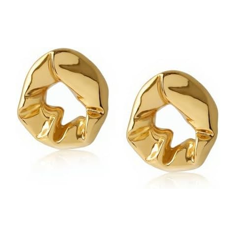 18K Gold Plated Irregular Stud Earrings, Textured Design, 925 Sterling Silver Posts, Hypoallergenic Trendy Jewelry for Women, 24MM Cover