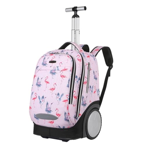 King Mills 18in Roller Backpack, Rolling Bookbag w. 7in Extra Large Wheel. Easy Convert Between Roller and Backpack. Ideal for Daily Use or Travel. Pink Flamingo