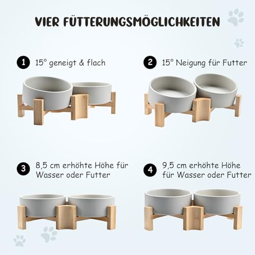 SPUNKYJUNKY 15° Kippbare Keramik Hundenapf mit Holzständer Futter und Wassernapf rutschfest für Hunde und Katzen mit Flachen Gesichtern Kleinen und Mittelgroßen Hunden (400ml × 2, Grau)