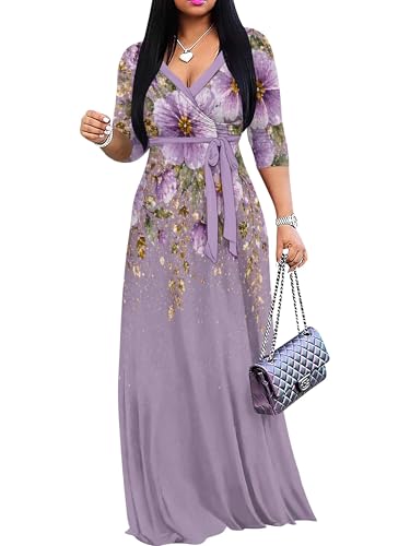 Image of PinkPatty Plus Size Maxi Dresses for Women Casual Flowy Long Dress 3 /4 Sleeve V Neck Wrap Dress with Belt