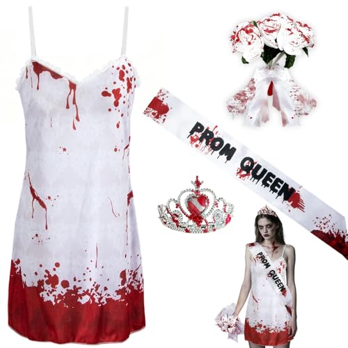Horror Braut Kostüm 4-Teiliges Set, Zombie Kostüm Damen Sexy, Corpse Bride Kostüme Mit Krone Blumenstrauß Schleife, Halloween...